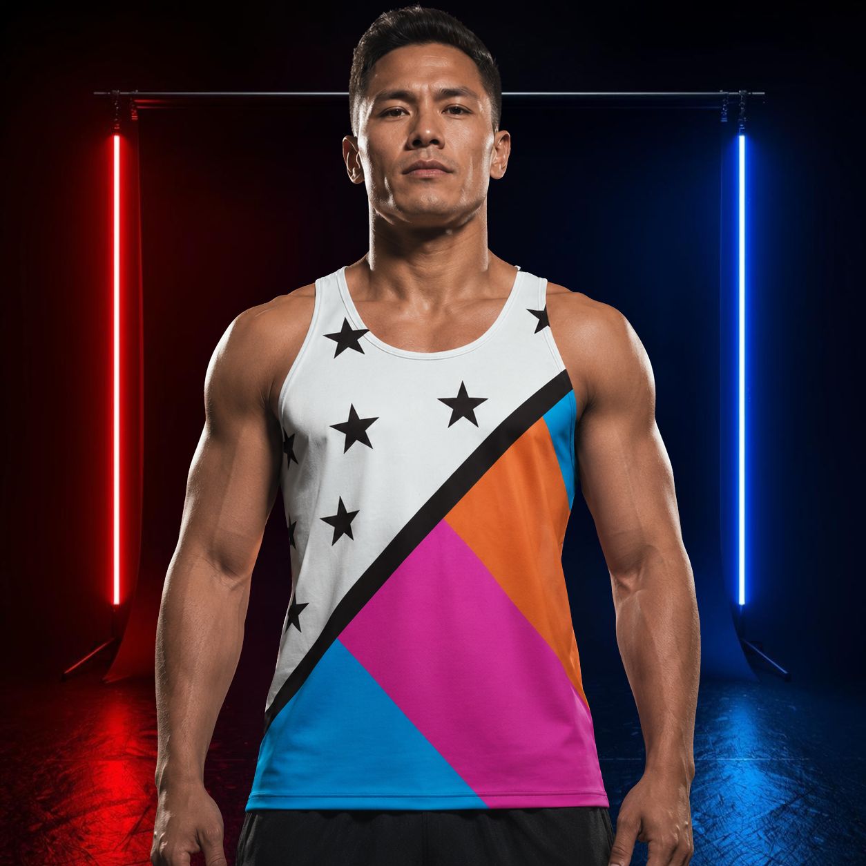 Man wearing a colorful tank top with geometric American style design against a dark background with neon lights.