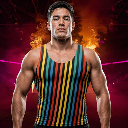 manwearing rainbow colored striped black tank top standing at a wrestling entrance in front of flames and neon lights