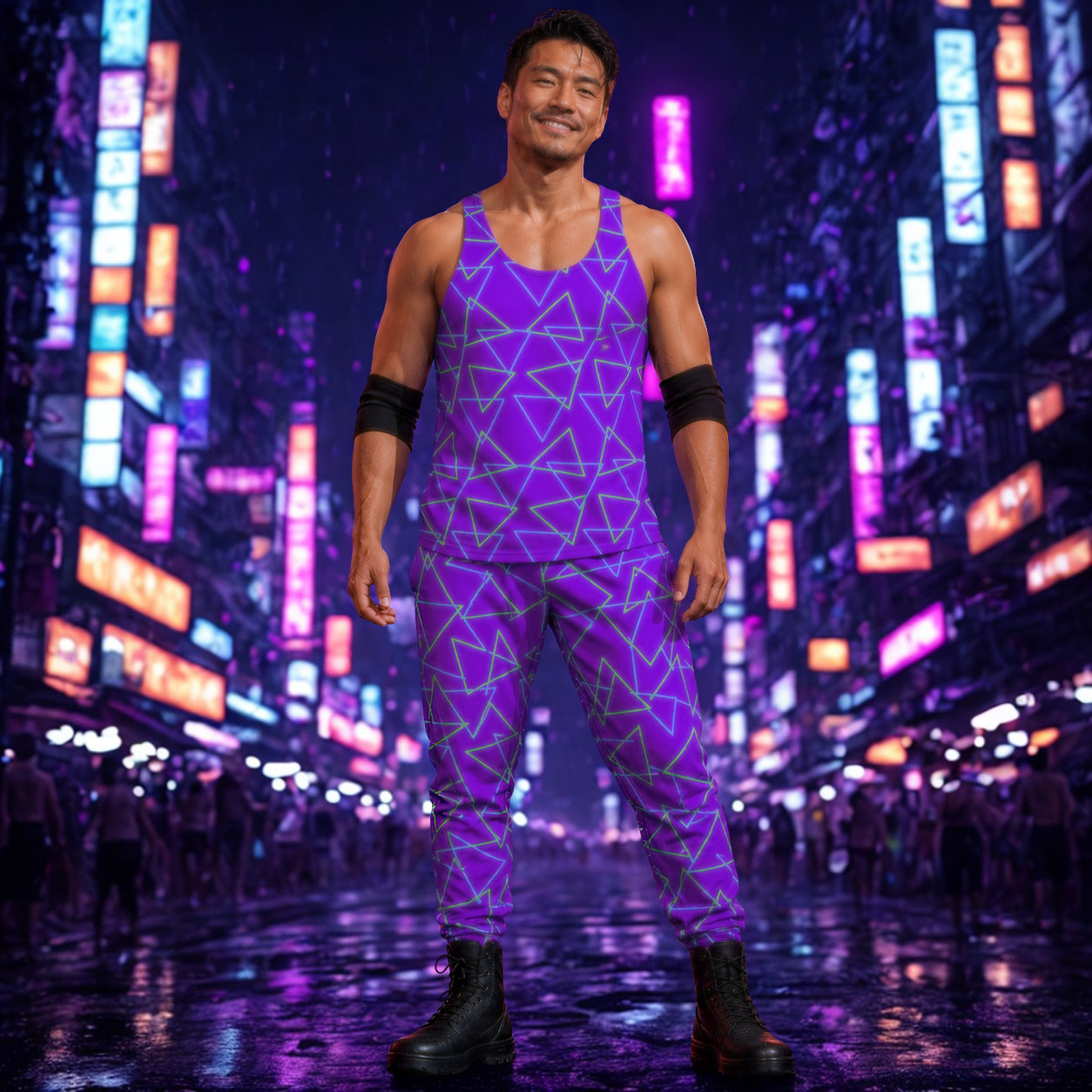 Man standing in dystopian festival with neon lights wearing purple synthwave geometric patterned tank top and matching joggers