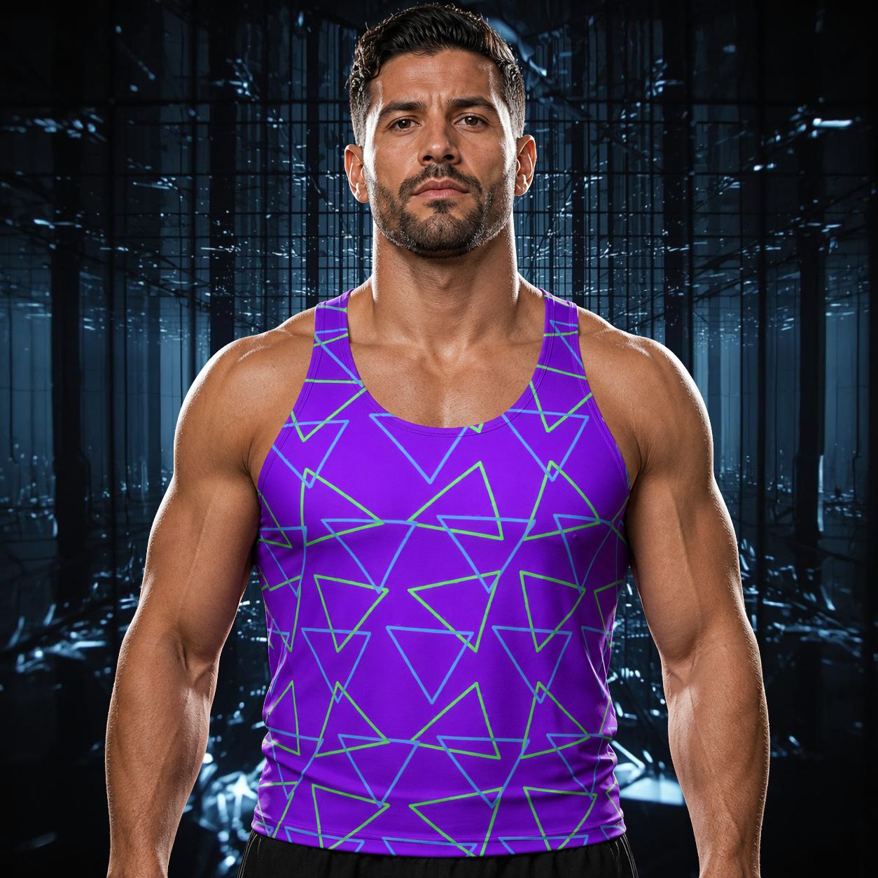 Man wearing a purple tank top with geometric pattern against a dark dystopian background