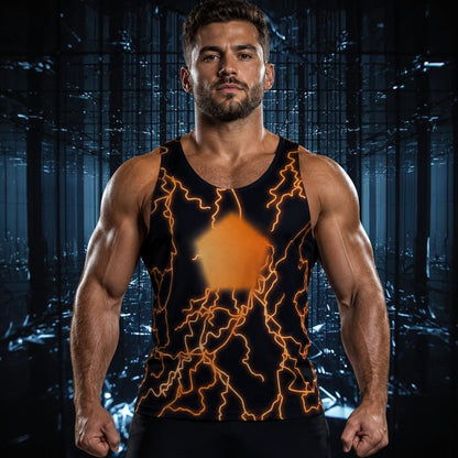 Man wearing black tank top with cyberpunk design of orange central shape with orange lightning strikes