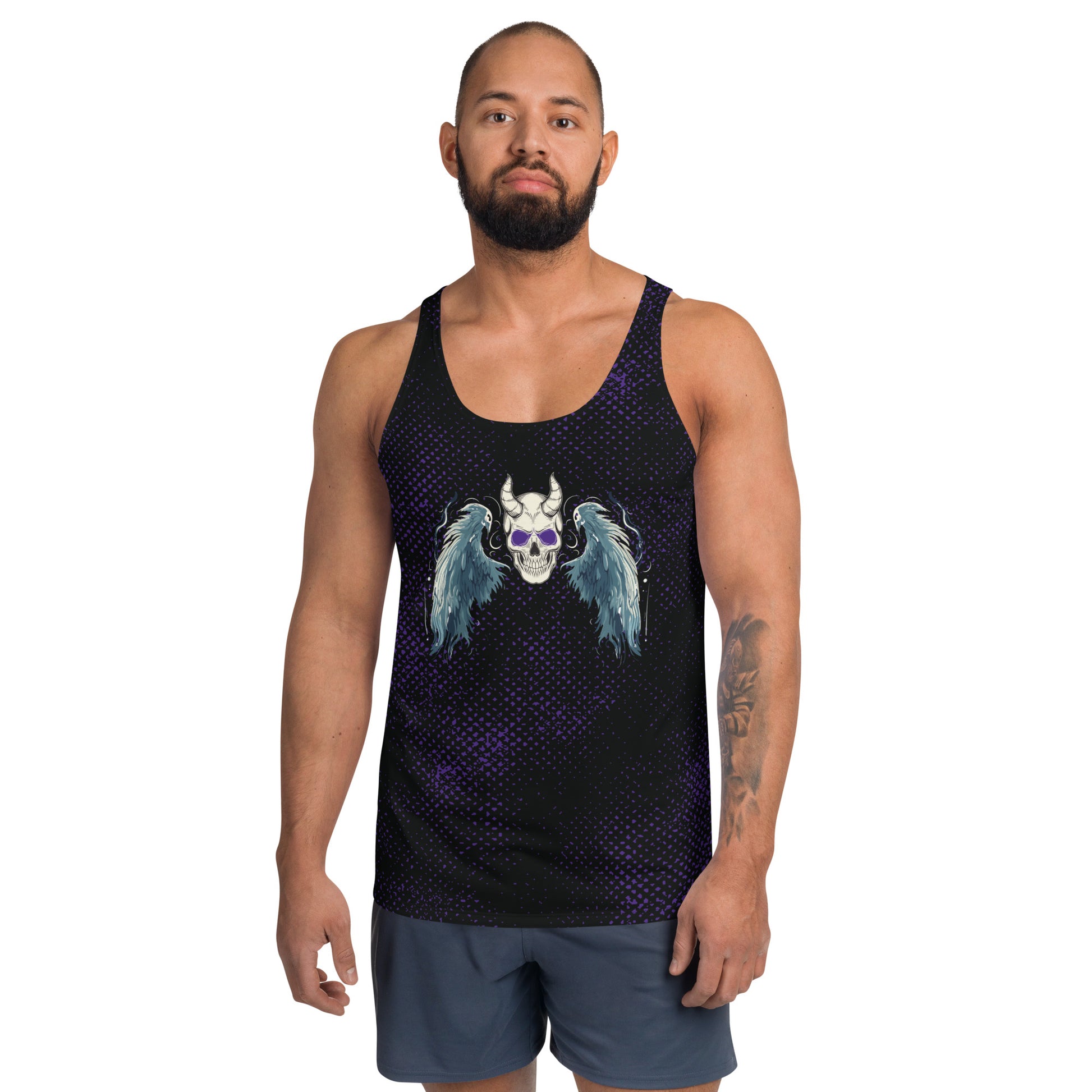 Spooky tank top for men in black and purple displaying a gothic horror skull and wings on the front. Pro wrestling tank top for men.