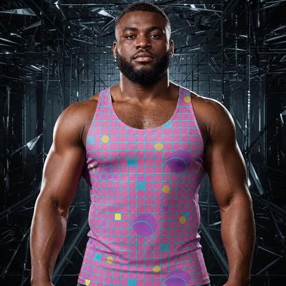 Man wearing a colorful tank top with a geometric pattern against a dark, industrial background.