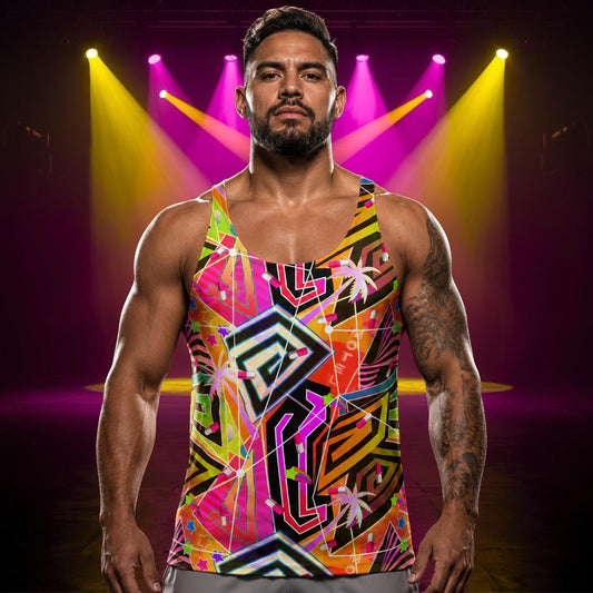 Man wearing a colorful vaporwave menhera kei tank top with geometric patterns on a stage with lights.
