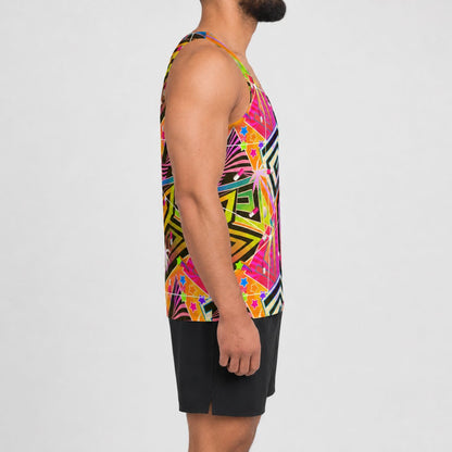 A man shown from the side wearing a sleeveless athletic tank top with a vibrant multicolor geometric pattern and black athletic shorts, set against a plain light gray studio background.