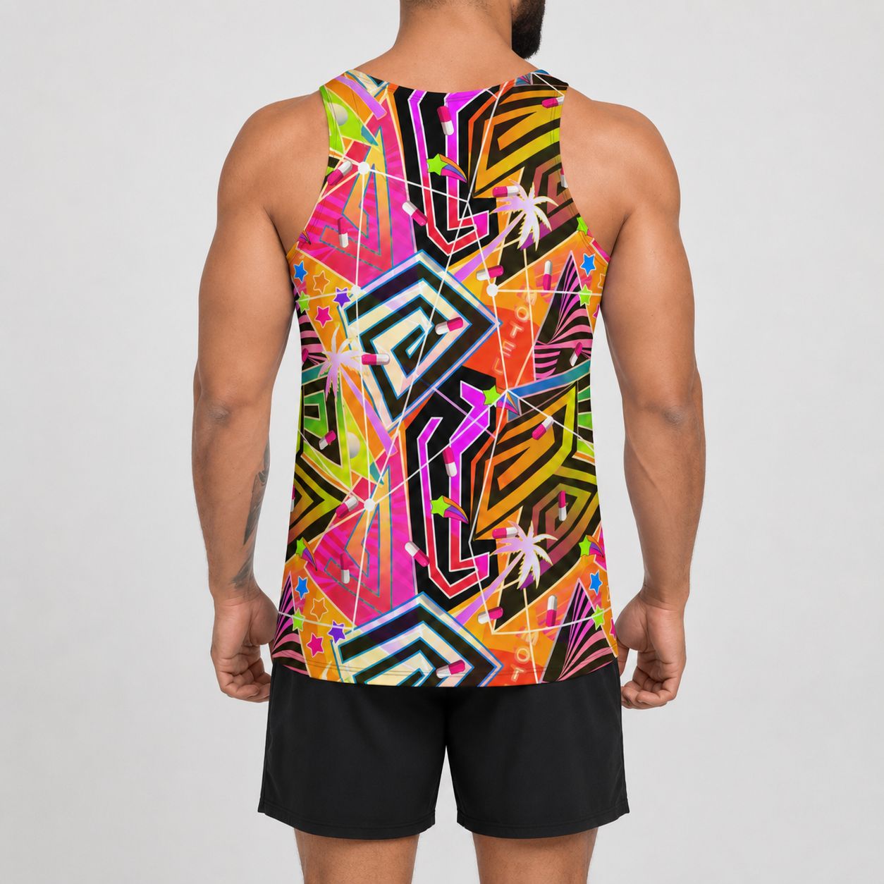 Vaporwave Menhera Men's Tank Top in orange and pink | Vibrant Retrowave Geometric Rave Outfit | Festival Clothing | Harajuku Yami Kawaii Neoncore Fashion | Macho Man cosplay outfit, clubbing outfit. Geometric shapes and neoncore patterns such as palms, neon signage and menhera kei pills