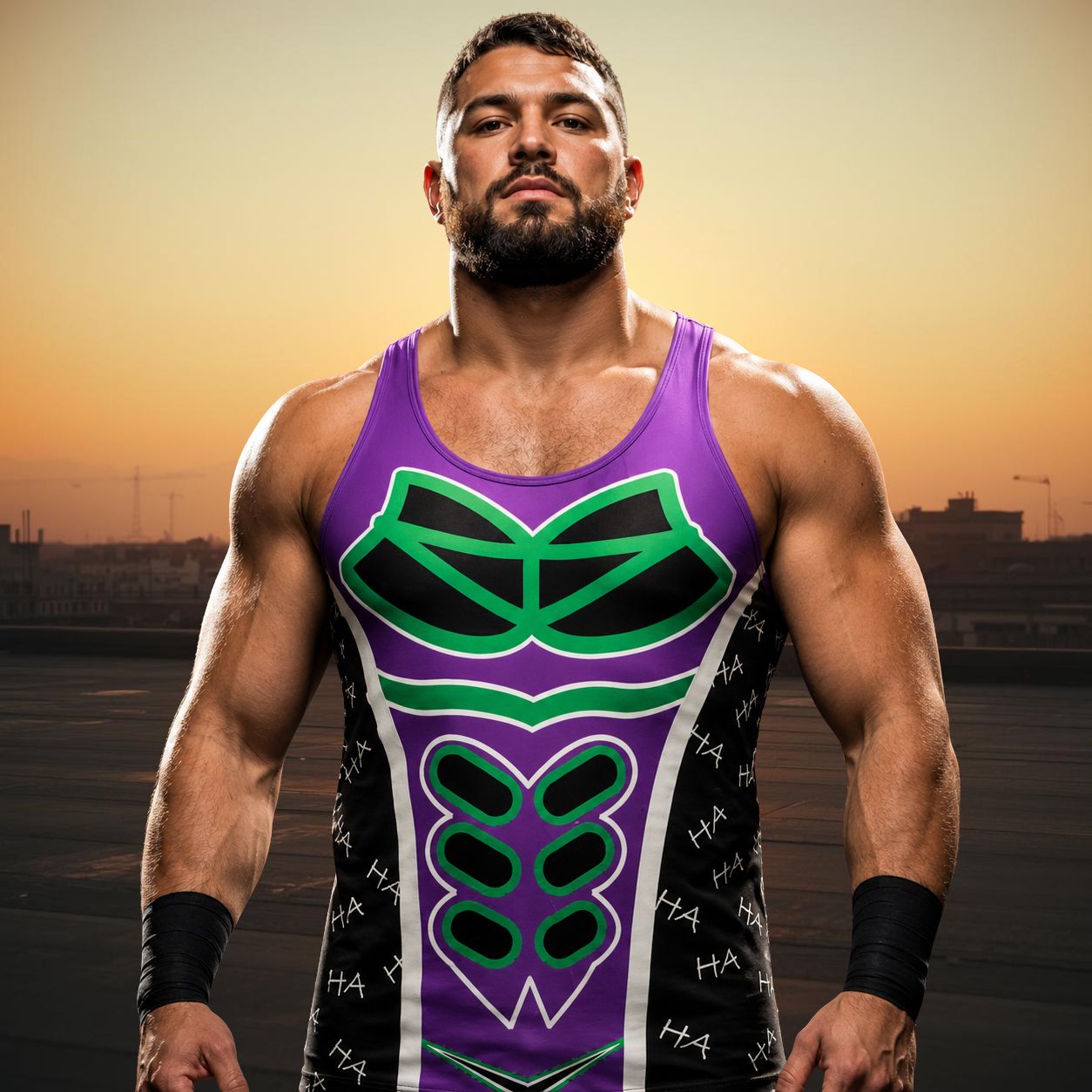 Man wearing a purple and black luchador wrestling tank top with green accents against a sunset background