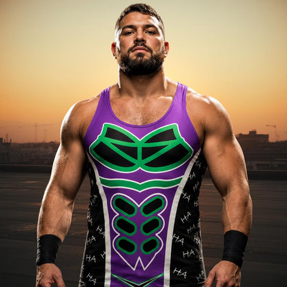 Man wearing a purple and black luchador wrestling tank top with green accents against a sunset background