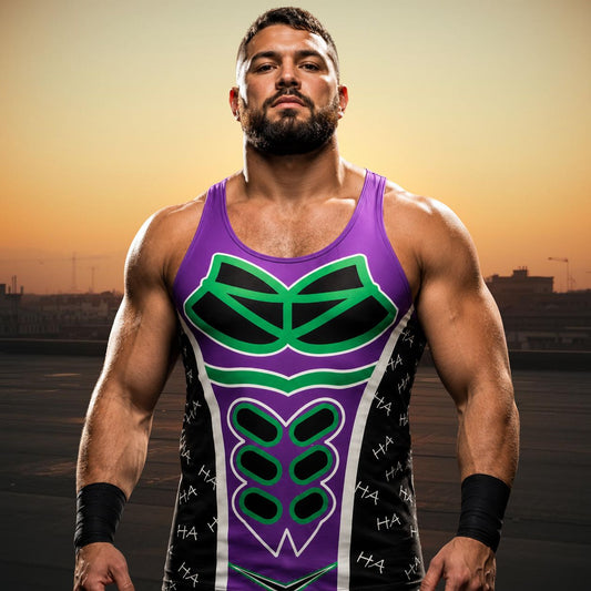 Man wearing a purple and black luchador wrestling tank top with green accents against a sunset background