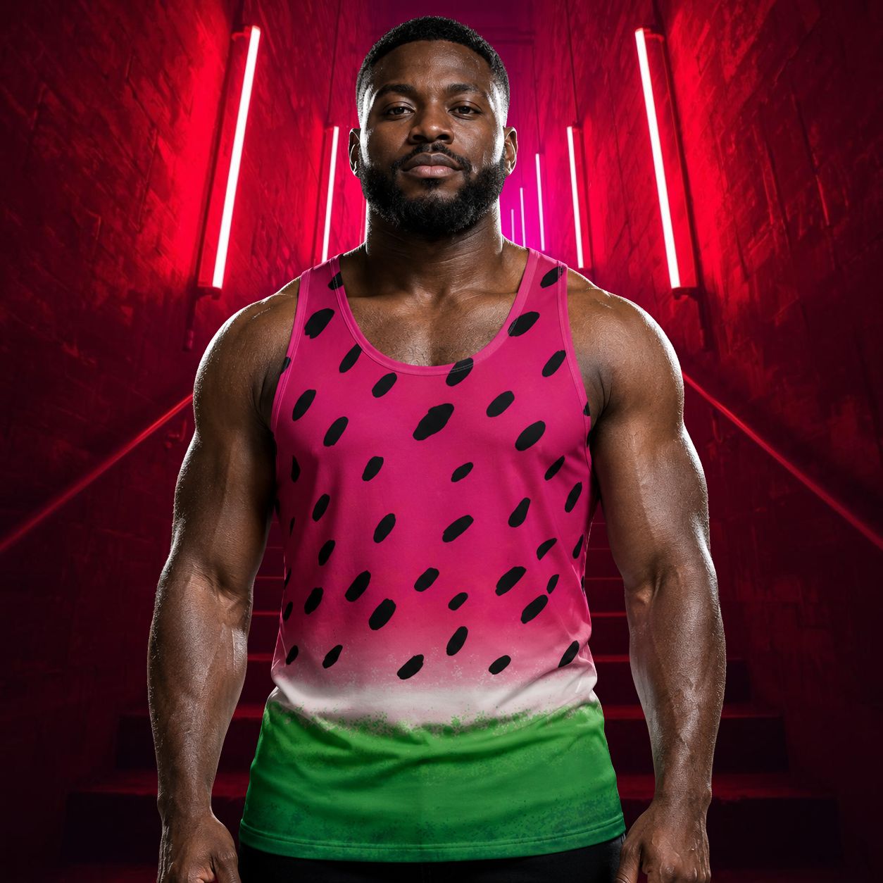 Man wearing pink and green watermelon tank top