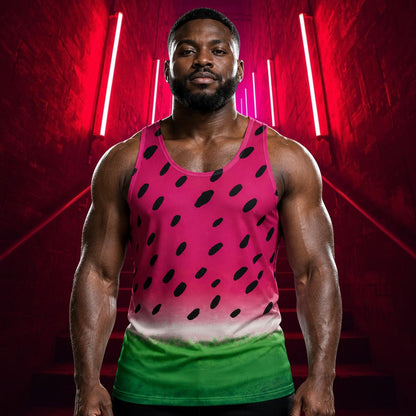 Man wearing pink and green watermelon tank top