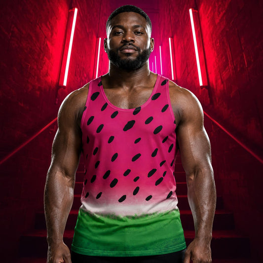 Man wearing pink and green watermelon tank top