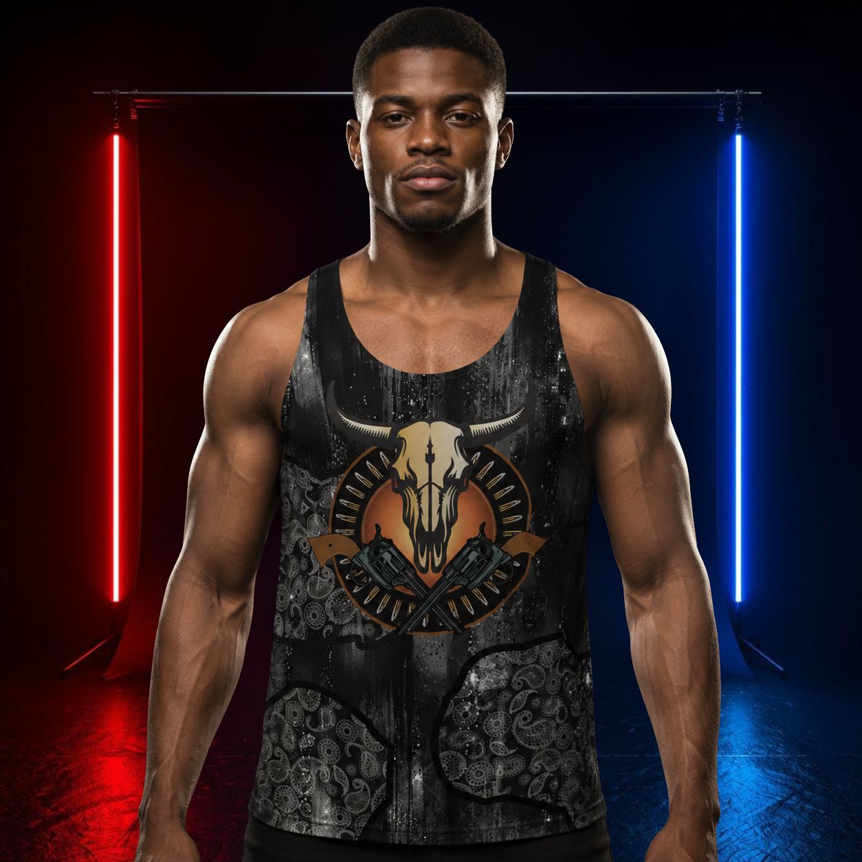 Man wearing a tank top with a western cowboy theme, with cow skulls, guns, bullets and glam sparkly background in black and silver paisley.