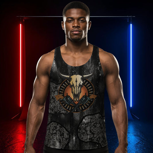 Man wearing a tank top with a western cowboy theme, with cow skulls, guns, bullets and glam sparkly background in black and silver paisley.