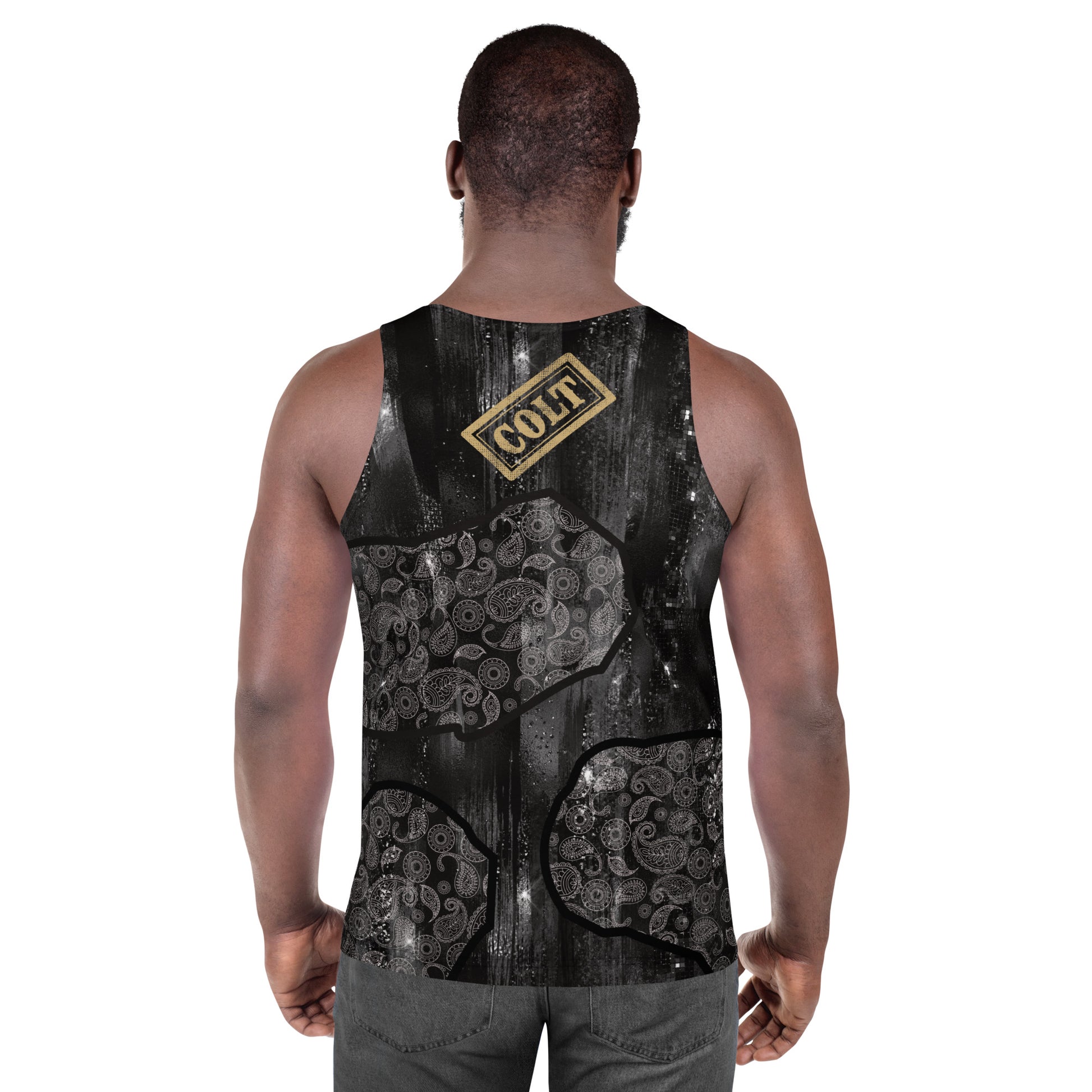 Men’s Western Cowboy Tank Top – sleeveless glam black paisley shirt with COLT stamped on the back in gold. Design by BillingtonPix. 