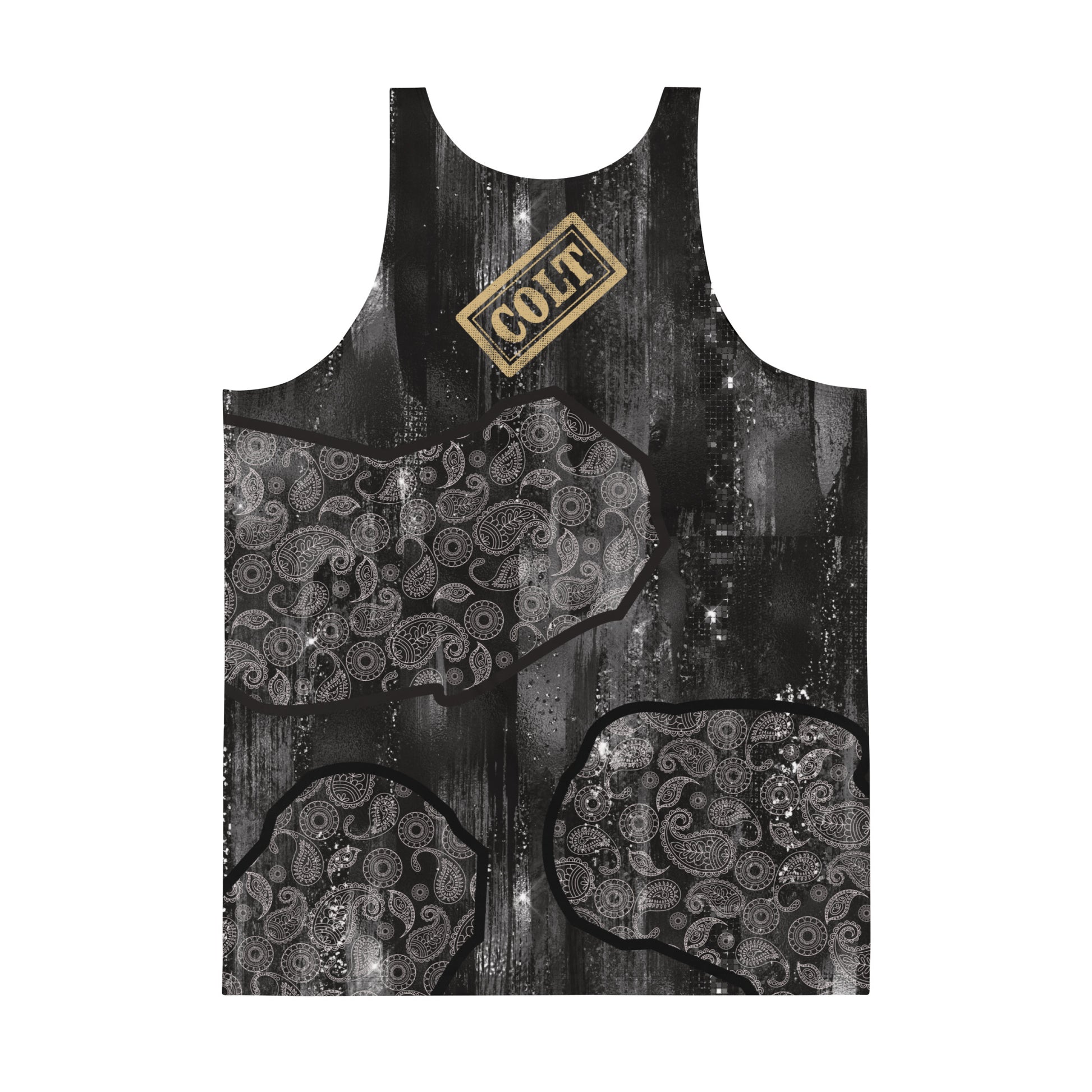 Men’s Western Cowboy Tank Top – sleeveless glam black paisley shirt with COLT stamped on the back in gold. Design by BillingtonPix. 