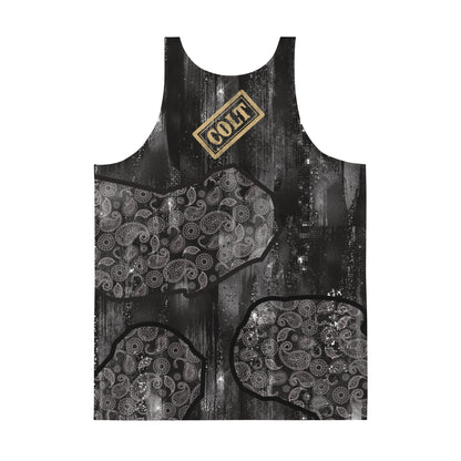 Men’s Western Cowboy Tank Top – sleeveless glam black paisley shirt with COLT stamped on the back in gold. Design by BillingtonPix. 