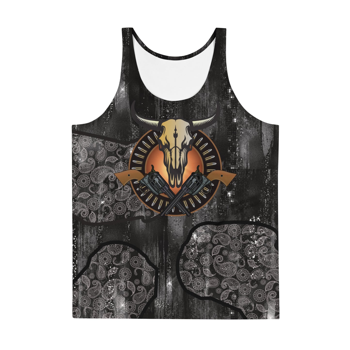 Men’s Western Cowboy Tank Top – sleeveless glam paisley shirt with cow skull, bullets and guns design by BillingtonPix