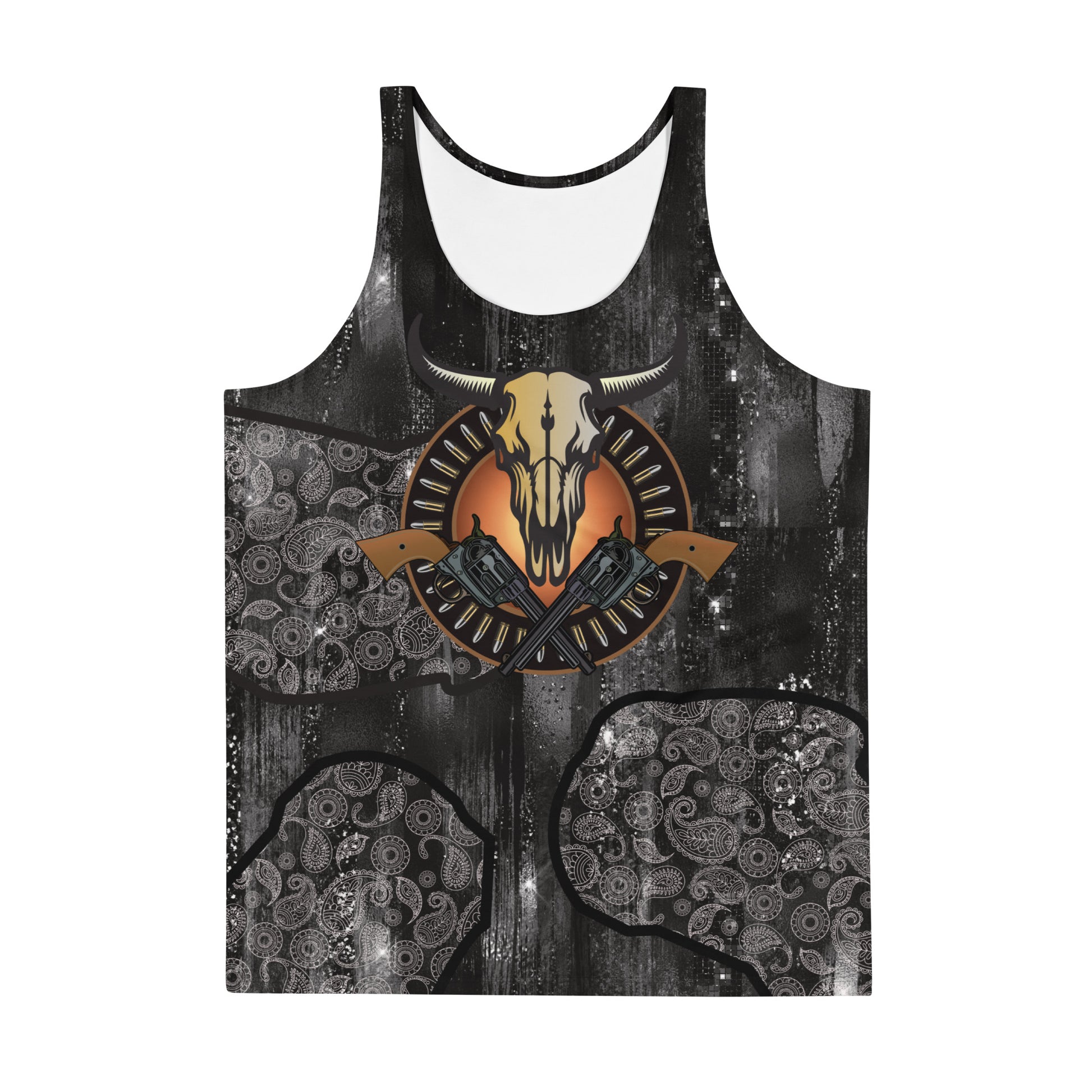 Men’s Western Cowboy Tank Top – sleeveless glam paisley shirt with cow skull, bullets and guns design by BillingtonPix