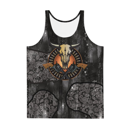Men’s Western Cowboy Tank Top – sleeveless glam paisley shirt with cow skull, bullets and guns design by BillingtonPix