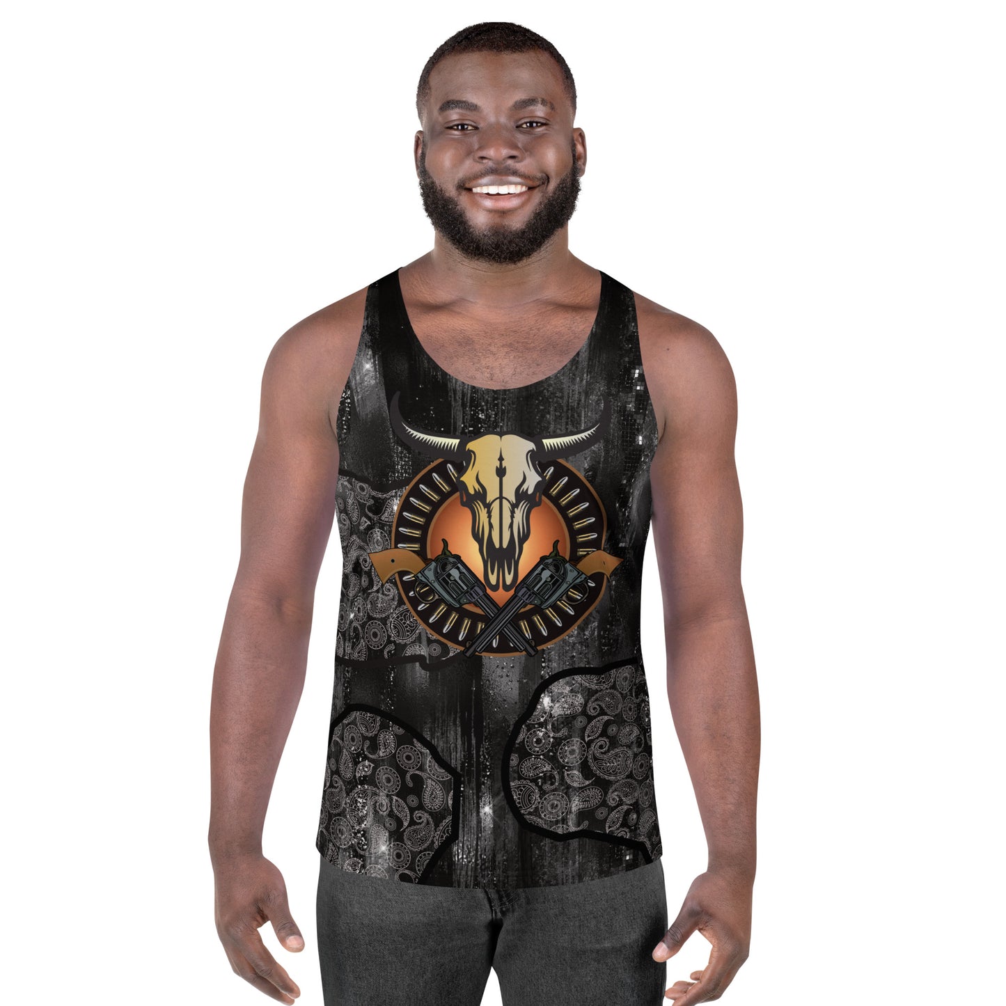 Men’s Western Cowboy Tank Top – sleeveless glam paisley shirt with cow skull, bullets and guns design by BillingtonPix