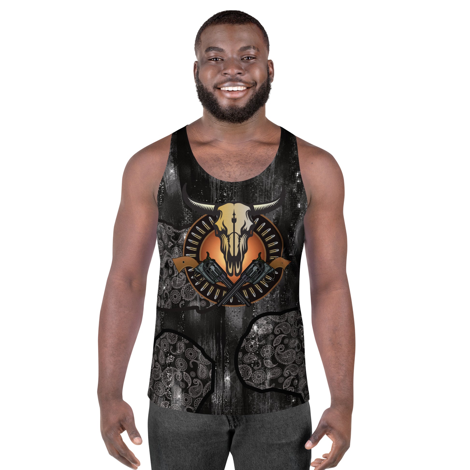 Men’s Western Cowboy Tank Top – sleeveless glam paisley shirt with cow skull, bullets and guns design by BillingtonPix