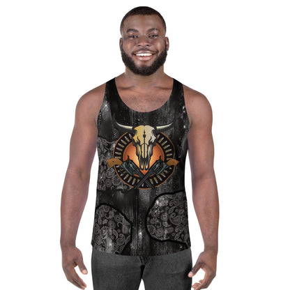 Men’s Western Cowboy Tank Top – sleeveless glam paisley shirt with cow skull, bullets and guns design by BillingtonPix