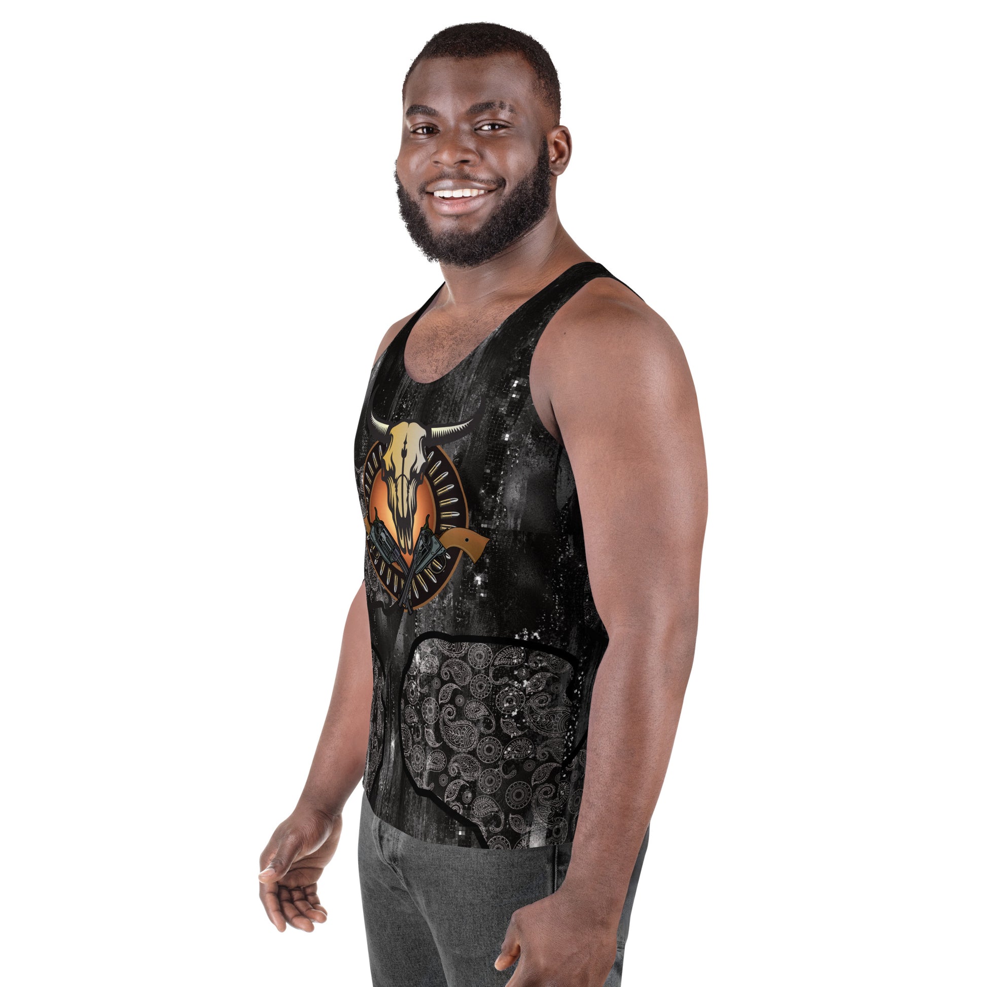 Men’s Western Cowboy Tank Top – sleeveless glam paisley shirt with cow skull, bullets and guns design by BillingtonPix