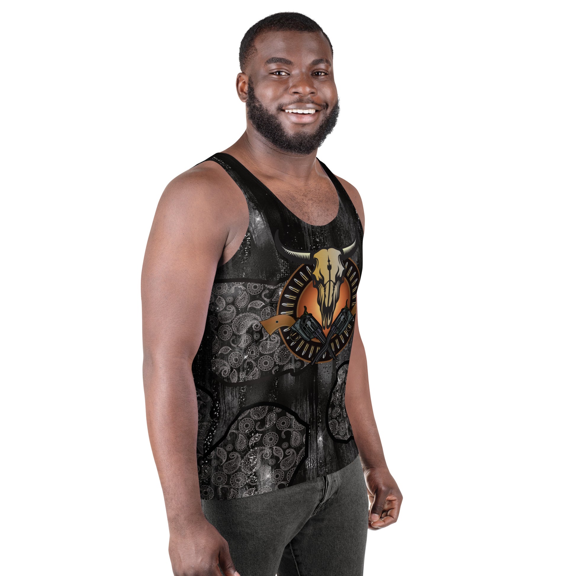 Men’s Western Cowboy Tank Top – sleeveless glam paisley shirt with cow skull, bullets and guns design by BillingtonPix