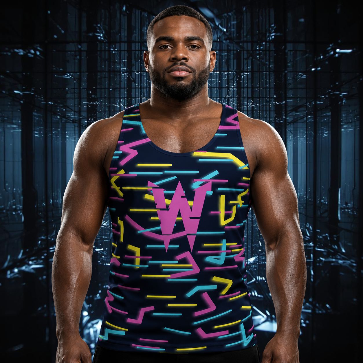 Man wearing navy tank top with blue, yellow and purple stripes in glitchcore style with W on the front
