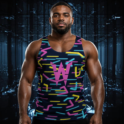 Man wearing navy tank top with blue, yellow and purple stripes in glitchcore style with W on the front