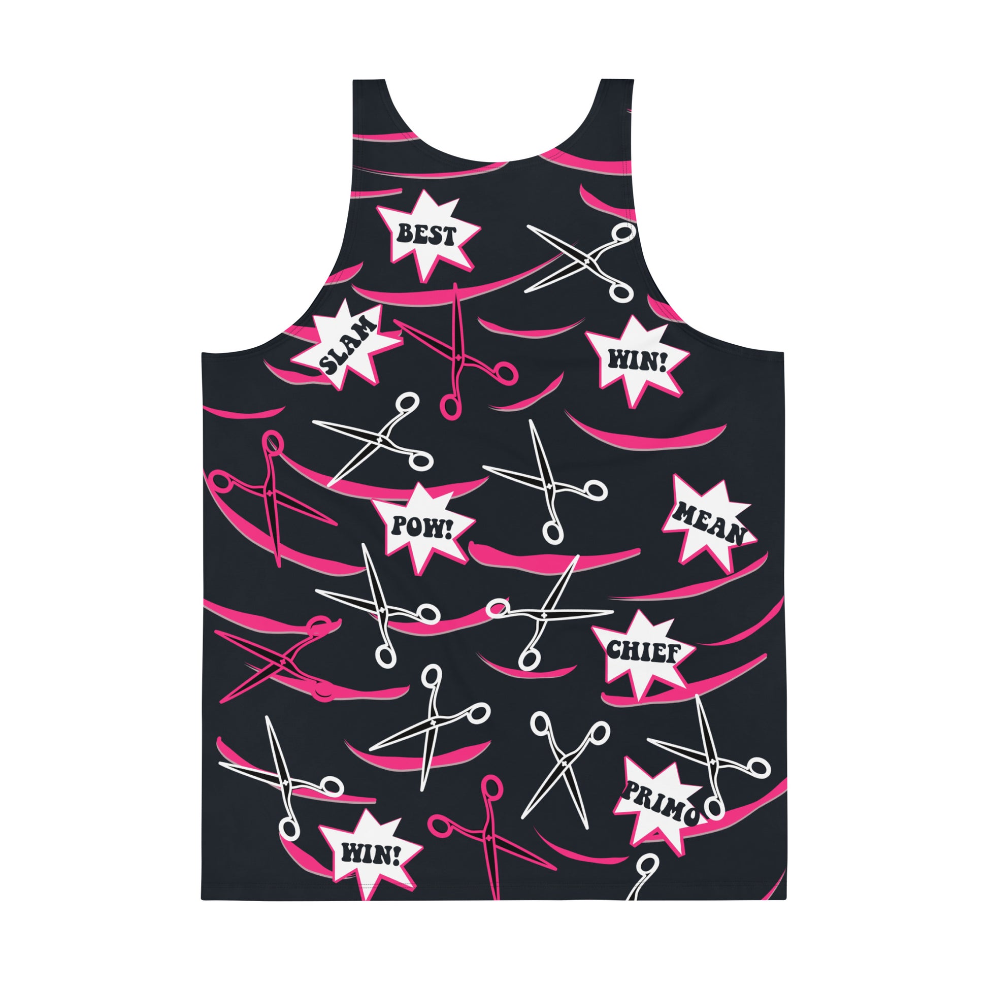 Mens tank top in pink and black with retro pro wrestling gear themes. Wrestling cosplay outfit for guys, Halloween, festivals, rave parties, clubbing. Scissors and slashes with cartoon exclamations.