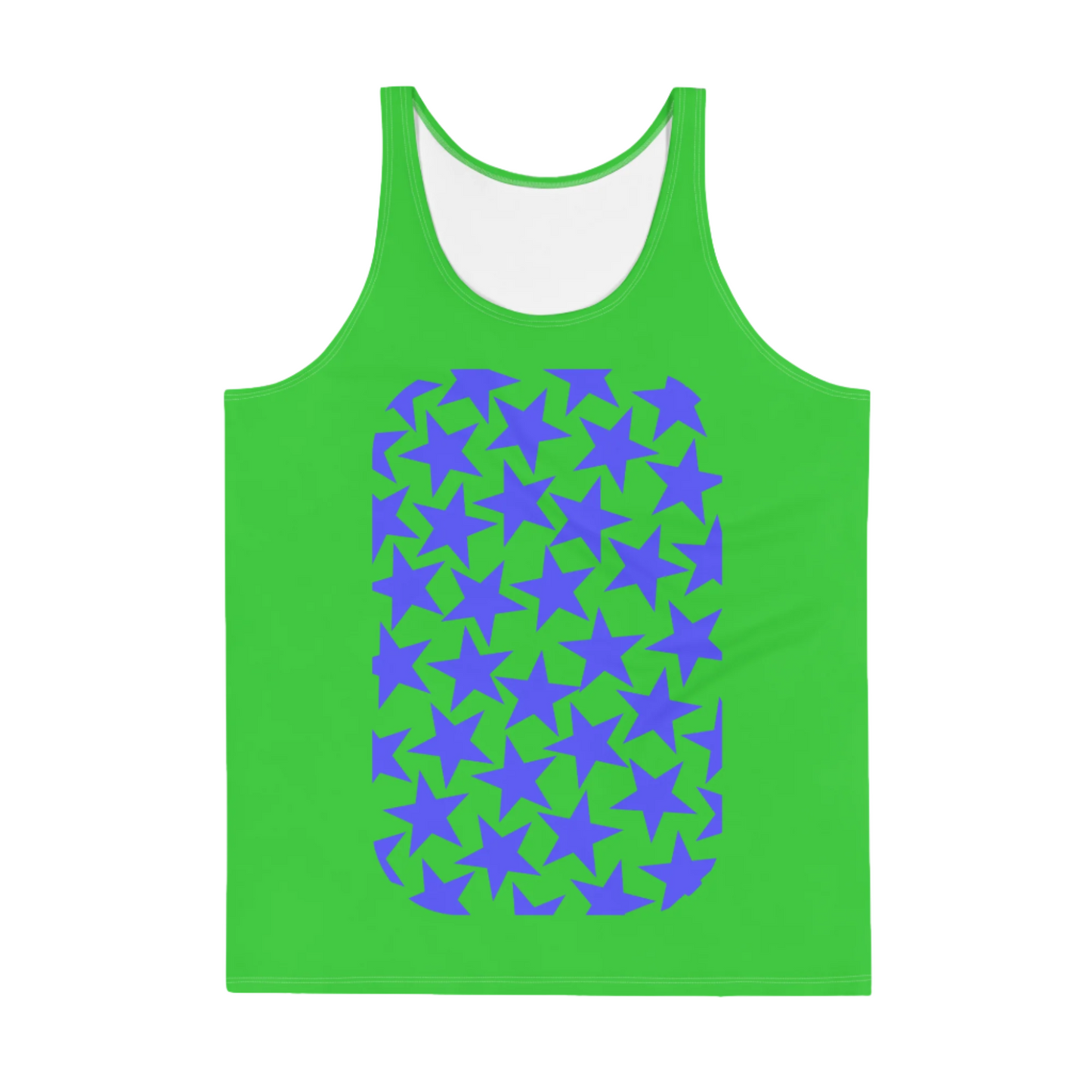 Mens tank top sports vest in green with blue stars on the front and back. Relaxed fit NBA American football cosplay gear.