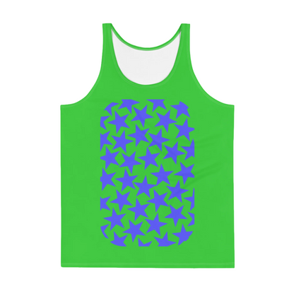 Mens tank top sports vest in green with blue stars on the front and back. Relaxed fit NBA American football cosplay gear.