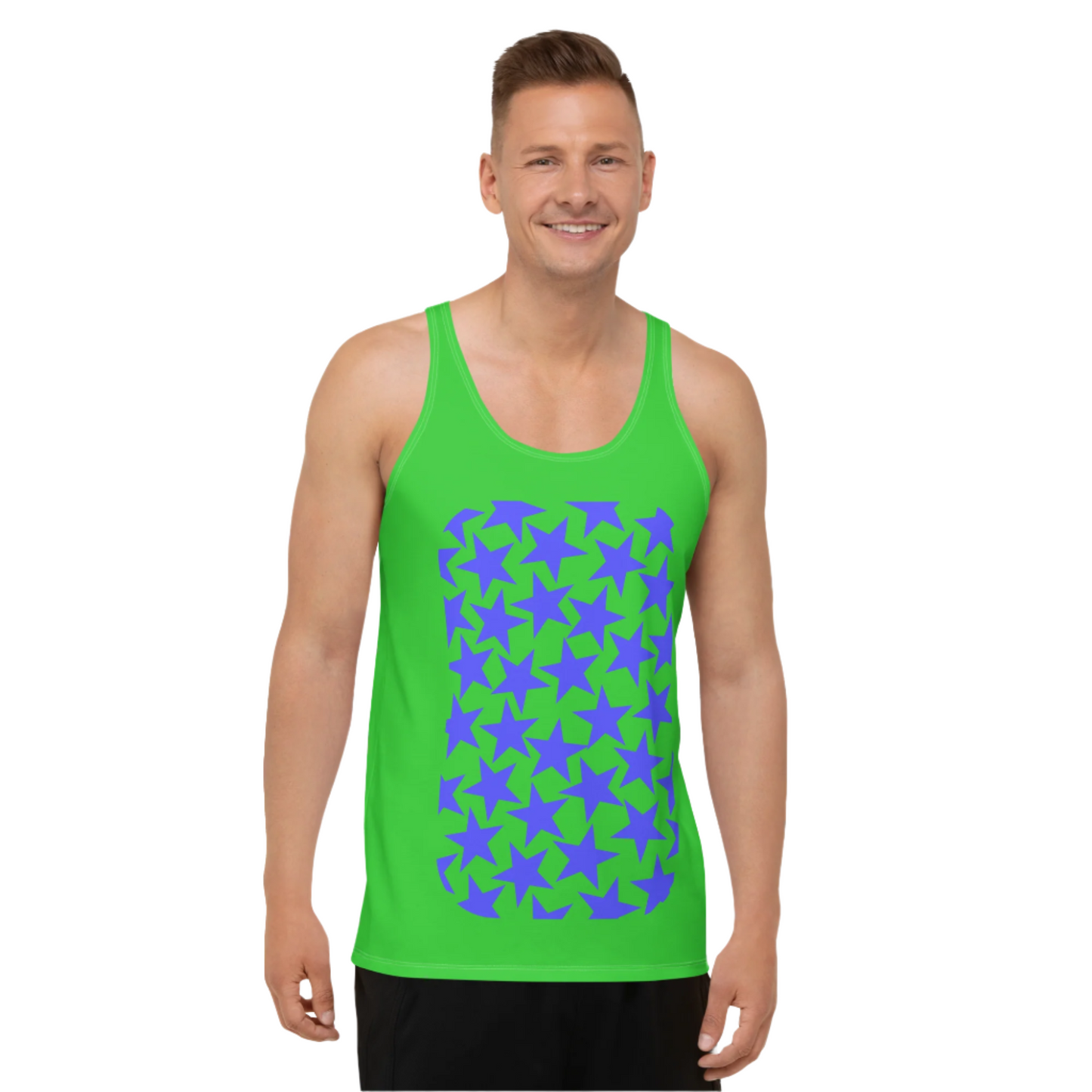 Mens tank top sports vest in green with blue stars on the front and back. Relaxed fit NBA American football or wrestling cosplay gear.