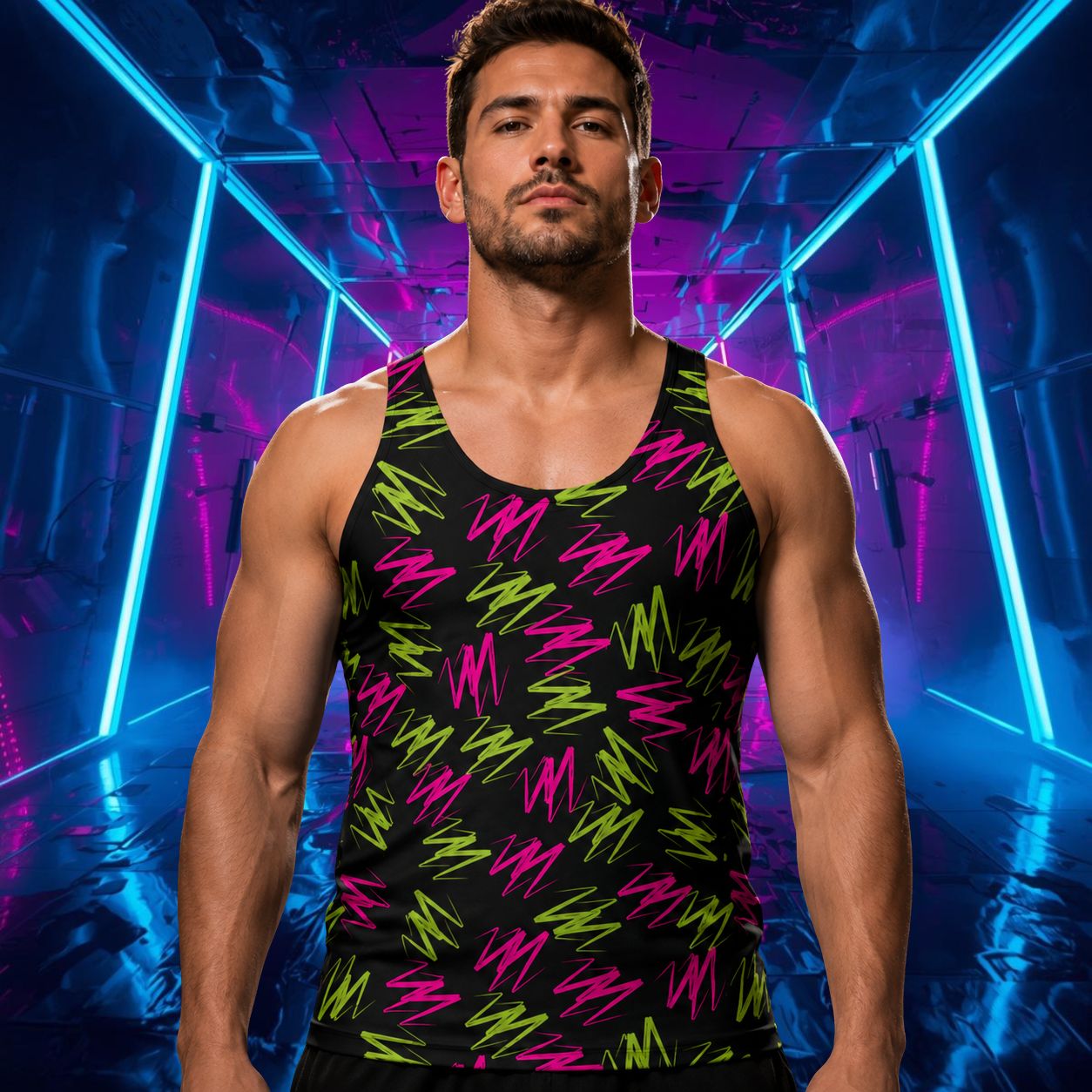 Man wearing a black tank top with colorful zigzag patterns in a futuristic setting with neon lights.
