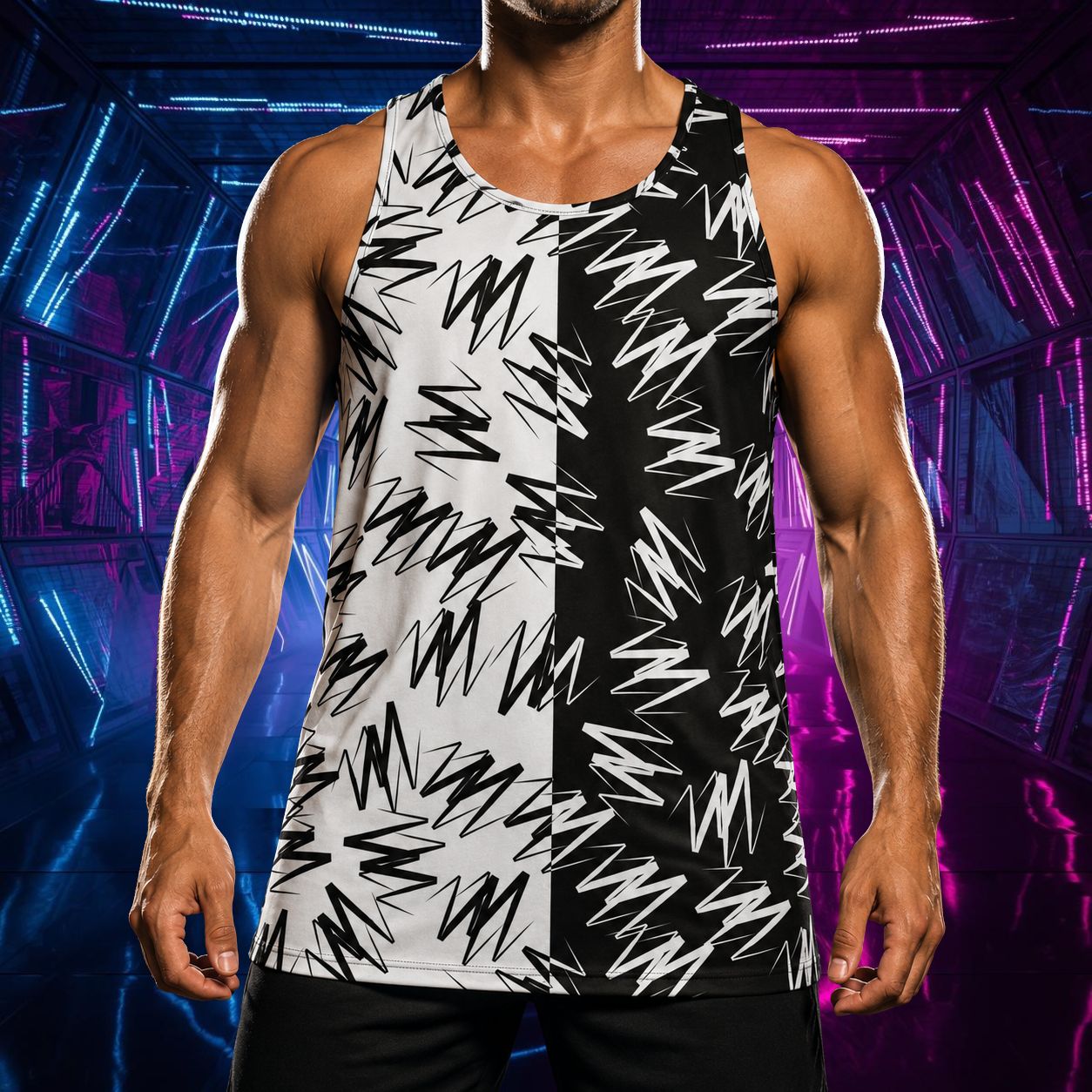 Man wearing black and white Riot Panel Split Tank, high-contrast graphic design