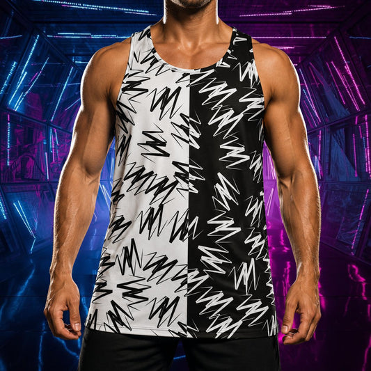 Person wearing a black and white zigzag patterned split design tank top against a futuristic background