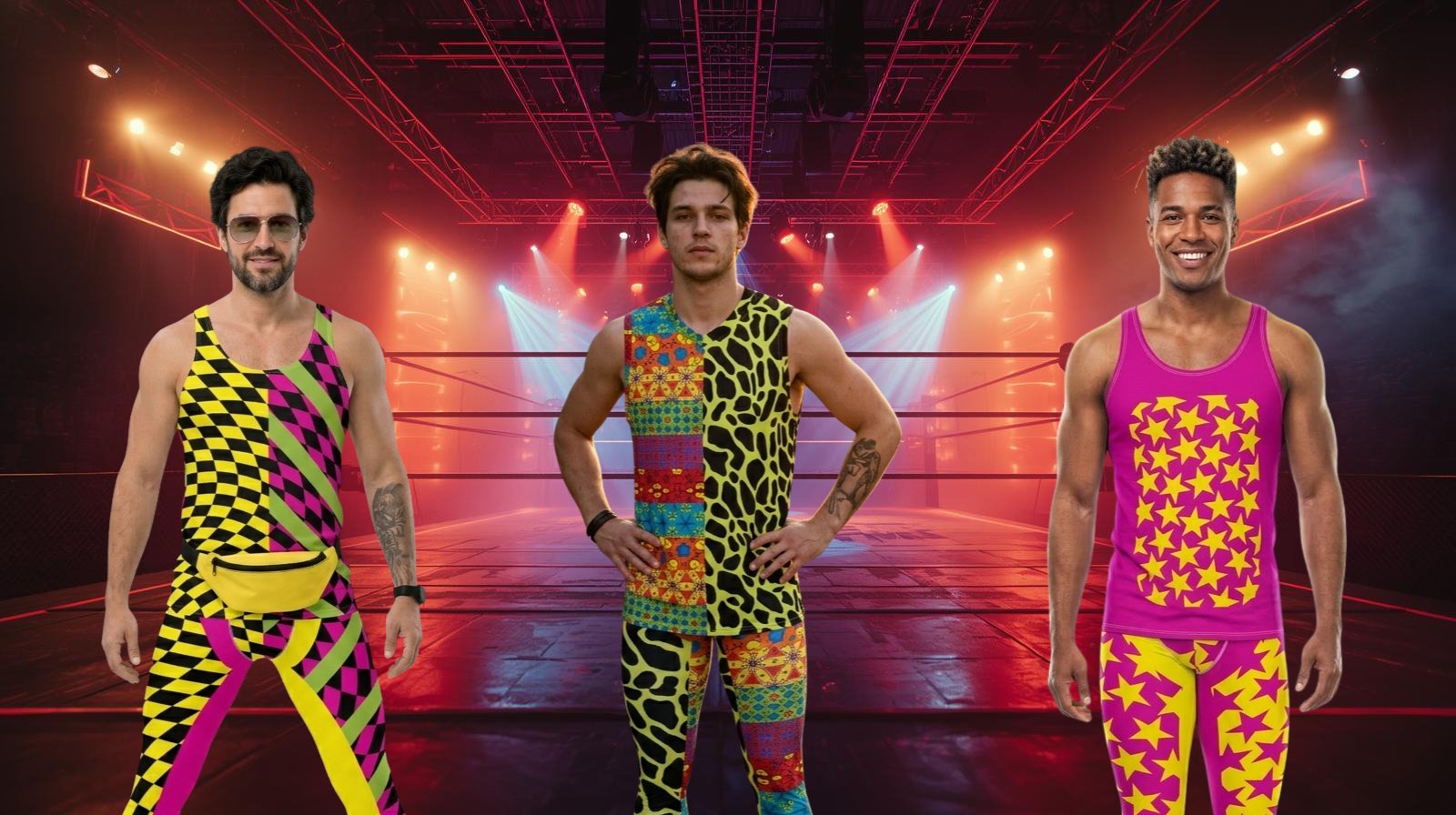 
                Man in wrestling arena in pro wrestling cosplay outfit for men with painted face
              