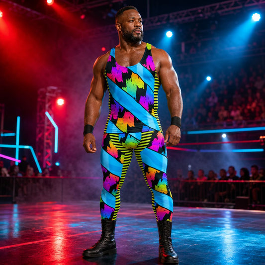 man standing in wrestling arena wearing a tank top and matching wrestling tights in rainbow design with diagonal blue stripes 