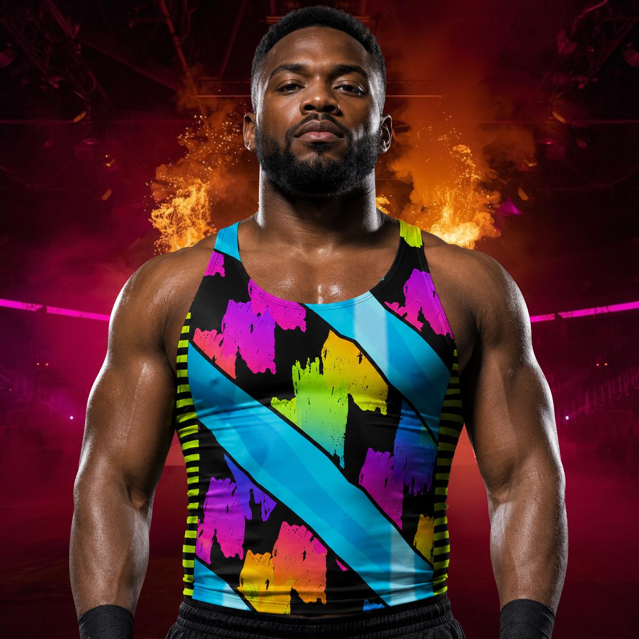 men's tank top with rainbowcore design and diagonal blue stripes