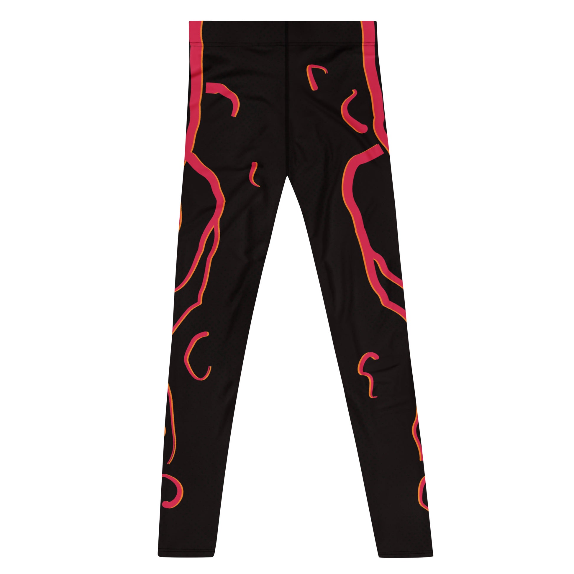 Mens cosplay wrestling tights in black with red molten design. Fun horror outfit for villain wrestling personalities. Flat view facing back.