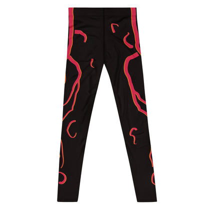 Mens cosplay wrestling tights in black with red molten design. Fun horror outfit for villain wrestling personalities. Flat view facing back.