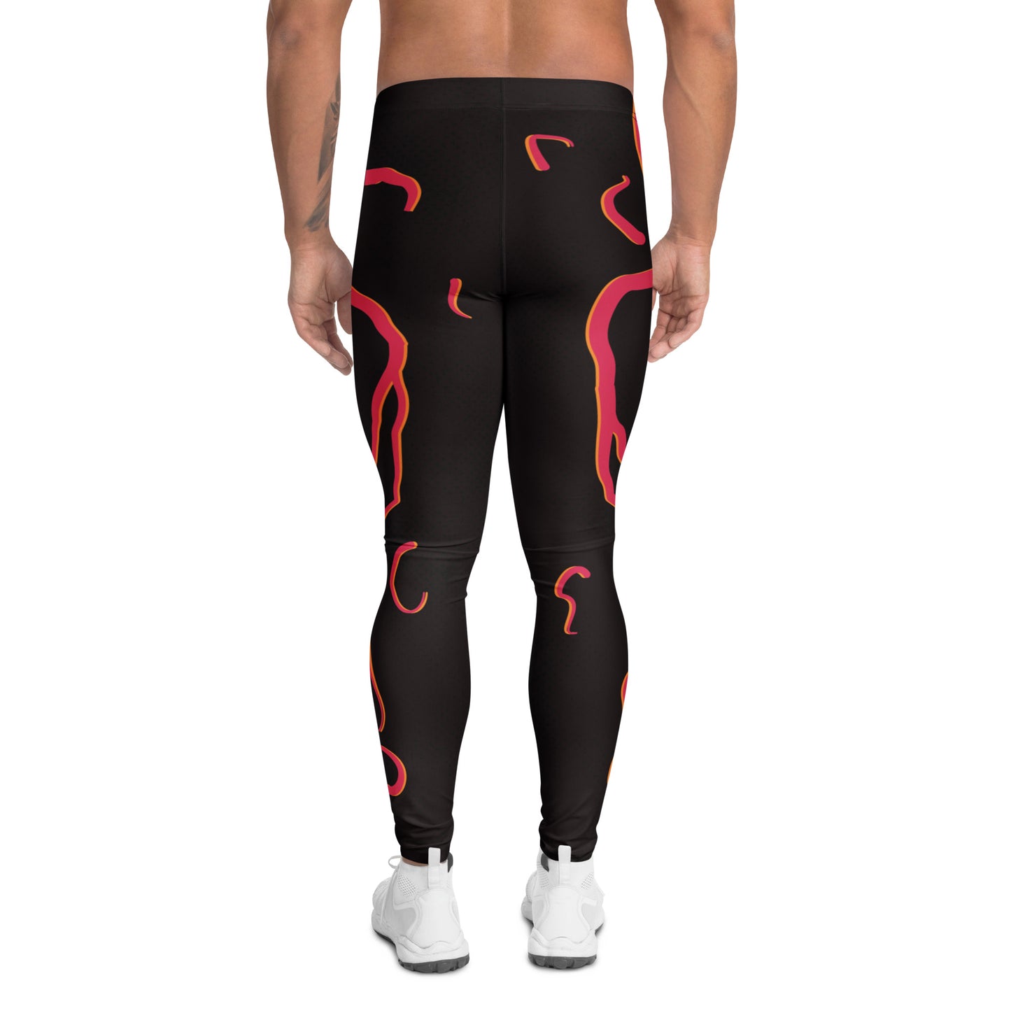 Mens cosplay wrestling tights in black with red molten design. Fun horror outfit for villain wrestling personalities. Back view.