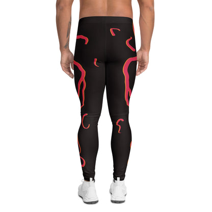 Mens cosplay wrestling tights in black with red molten design. Fun horror outfit for villain wrestling personalities. Back view.