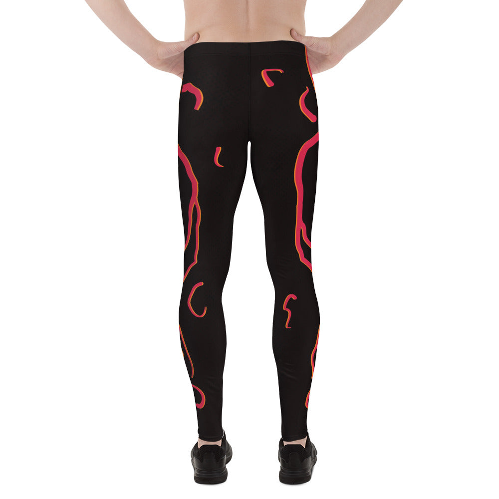 Mens cosplay wrestling tights in black with red molten design. Fun horror outfit for villain wrestling personalities. Back view, slim size.
