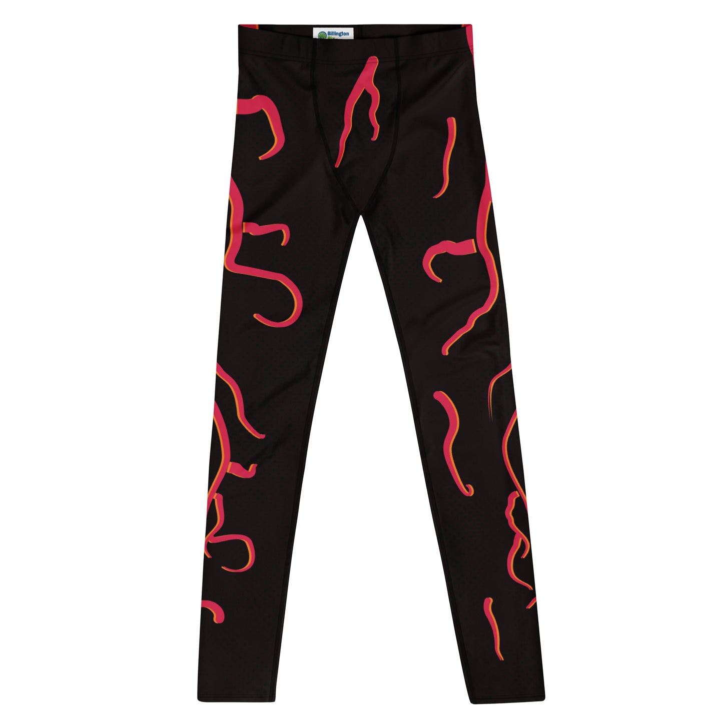 Mens cosplay wrestling tights in black with red molten design. Fun horror outfit for villain wrestling personalities. Flat version, front view.