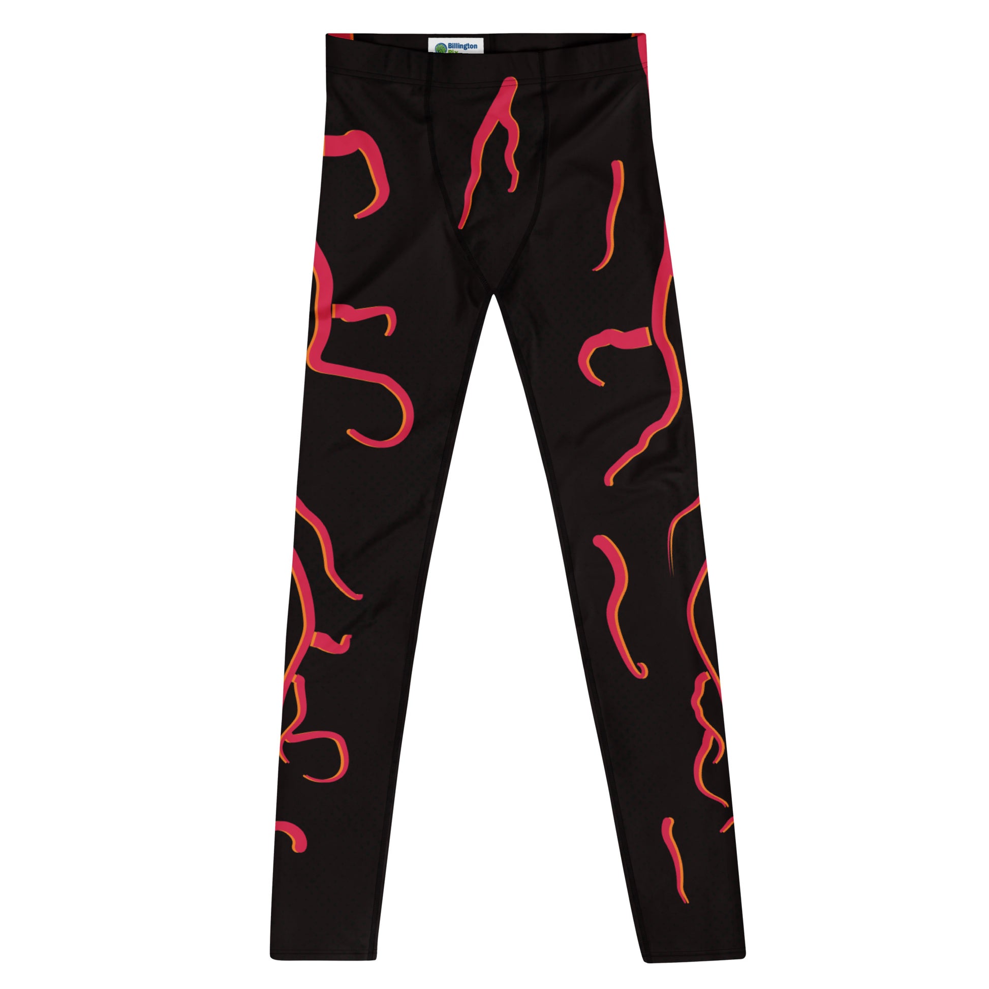 Mens cosplay wrestling tights in black with red molten design. Fun horror outfit for villain wrestling personalities. Flat version, front view.