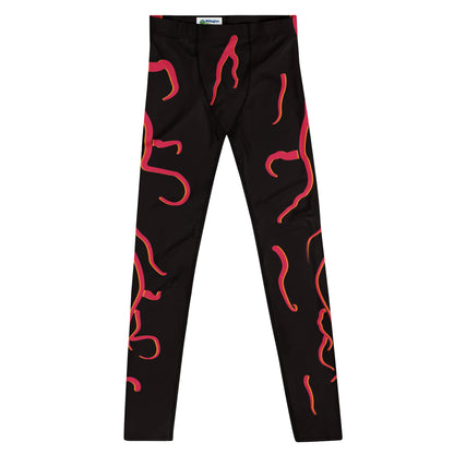 Mens cosplay wrestling tights in black with red molten design. Fun horror outfit for villain wrestling personalities. Flat version, front view.