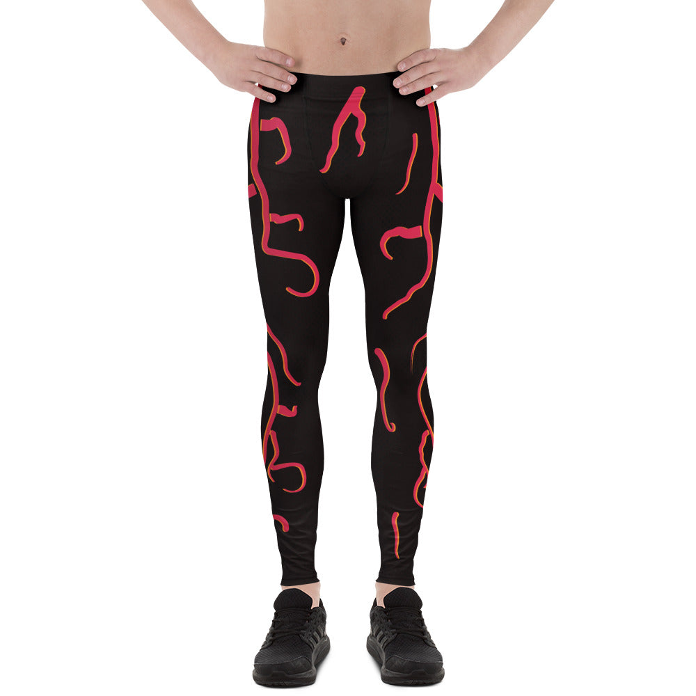 Mens cosplay wrestling tights in slim size in black with red molten design. Fun horror outfit for villain wrestling personalities.